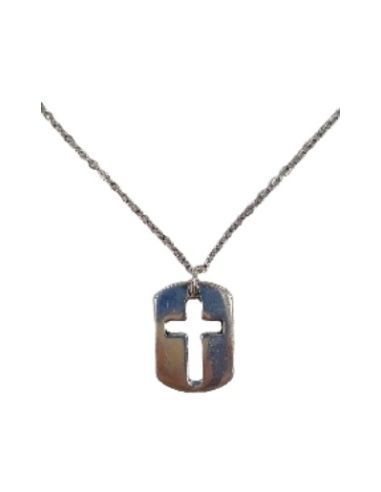 Cadena acero medalla baño plata cruz chapa