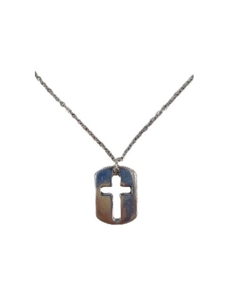 Cadena acero medalla baño plata cruz chapa