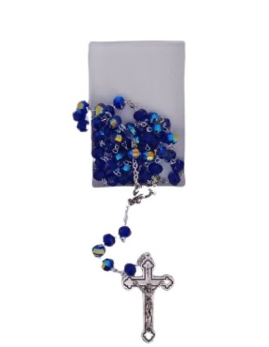Rosario cristal multicaras con caja color azul oscuro