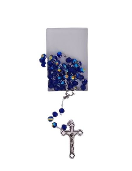 Rosario cristal multicaras con caja color azul oscuro