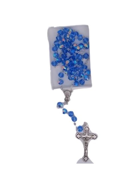 Rosario cristal multicaras con caja color celeste