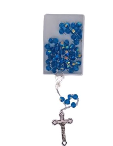 Rosario cristal multicaras con caja color azul aqua