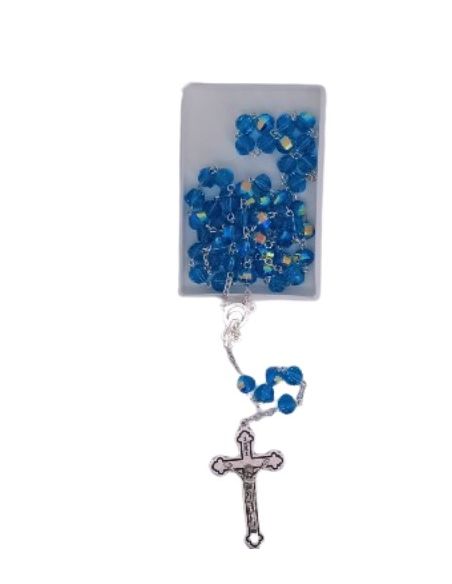 Rosario cristal multicaras con caja color azul aqua