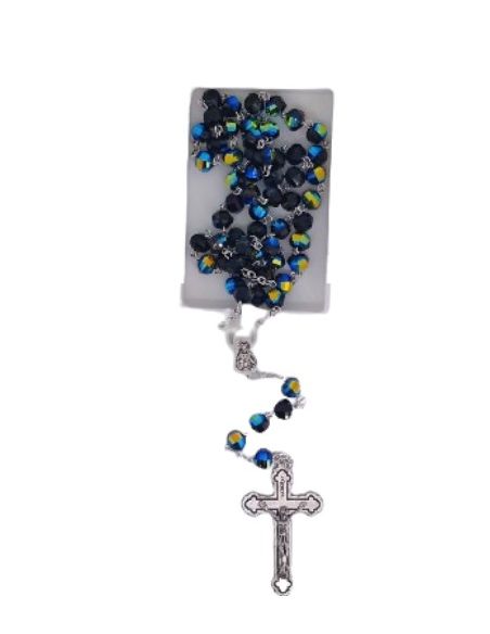 Rosario cristal multicaras con caja color negro escarabeo