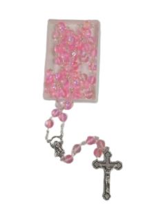 Rosario cristal redondo color rosa con caja