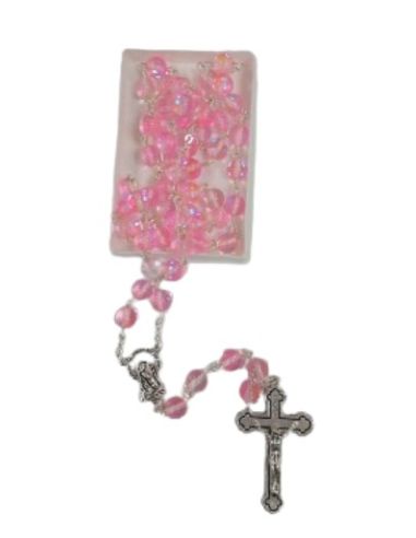 Rosario cristal redondo color rosa con caja