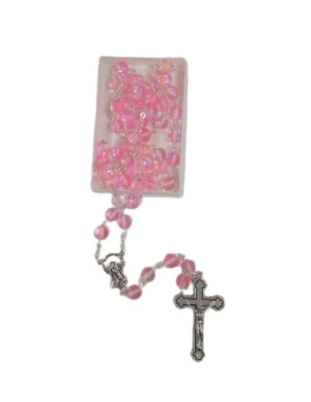 Rosario cristal redondo color rosa con caja