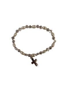 Brazalete Simil Perla Cruces Metal Plateadas Con Cruz