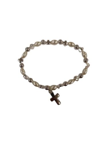 Brazalete Simil Perla Cruces Metal Plateadas Con Cruz