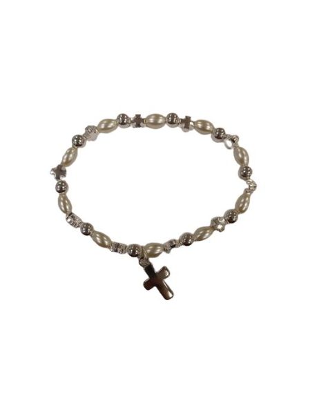 Brazalete Simil Perla Cruces Metal Plateadas Con Cruz