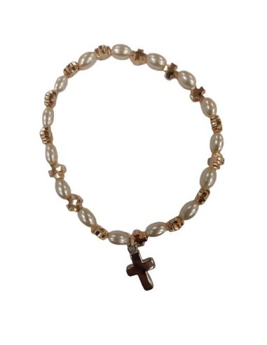 Brazalete Simil Perla Cruces Metal Bronce Con Cruz