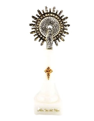 Virgen del pilar metal/alabastro blanco corona metal 18,5cm