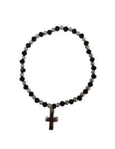 Brazalete Cristal Negro 4X3Mm Metal Con Cruz