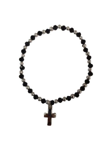 Brazalete Cristal Negro 4X3Mm Metal Con Cruz