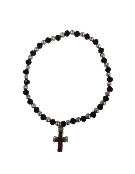 Brazalete Cristal Negro 4X3Mm Metal Con Cruz