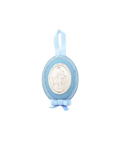Medalla cuna plata oval  azul 8x11cm auxiliadora