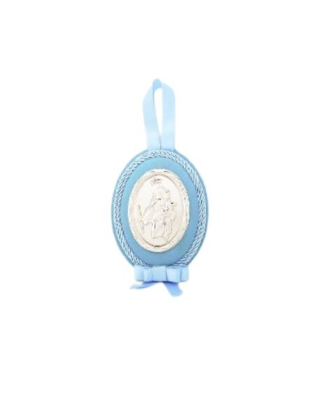 Medalla cuna plata oval  azul 8x11cm auxiliadora