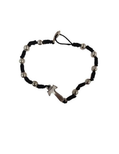 Pulsera Cuerda Negra Metal Cruz Tau