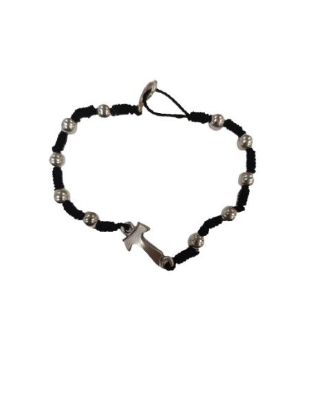 Pulsera Cuerda Negra Metal Cruz Tau
