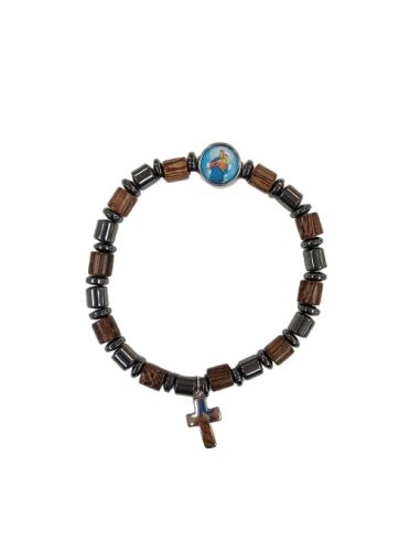 Brazalete cilindros madera hematites con cruz maría auxiliadora