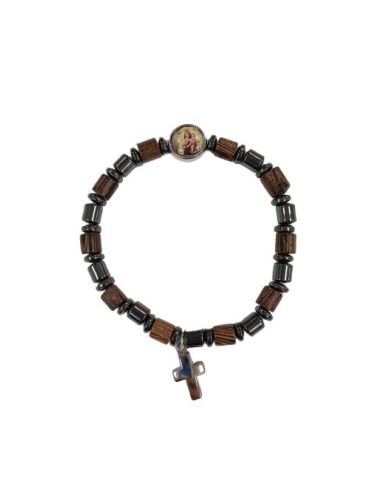 Brazalete cilindros madera hetatites con cruz virgen del carmen