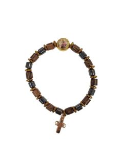 Brazalete dorado cilindros madera hetatites con cruz virgen del carmen