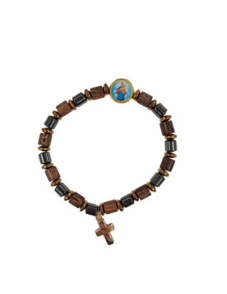 Brazalete dorado cilindros madera hematites con cruz maría auxiliadora