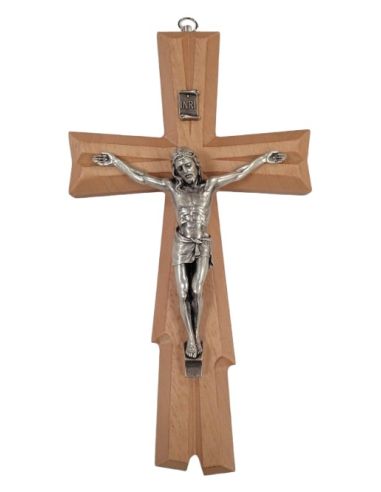 Cruz madera 25cm labrada 3d cuerpo metal