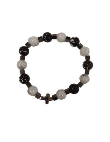 Brazalete Piedras B Y N 10Mm Cubos Hetamatite C/Cruz