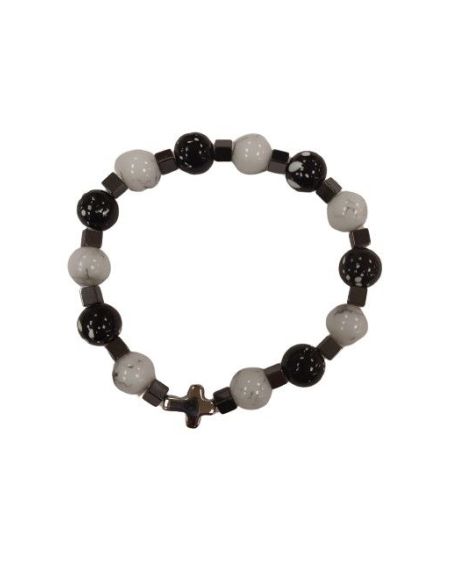Brazalete Piedras B Y N 10Mm Cubos Hetamatite C/Cruz
