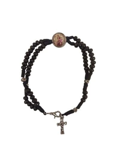 Pulsera Doble Madera Cuerda Negra Cruz Metal V. Del Carmen