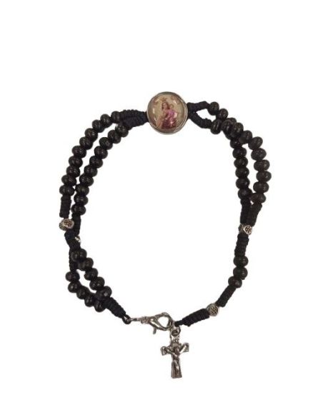 Pulsera Doble Madera Cuerda Negra Cruz Metal V. Del Carmen
