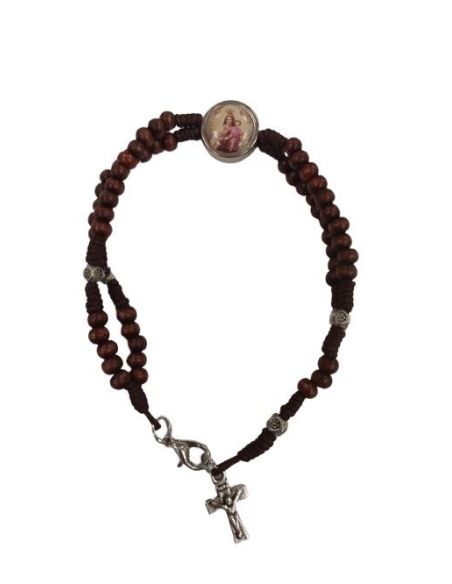 Pulsera Doble Madera Cuerda Marron Cruz Metal V. Del Carmen