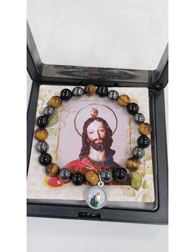 Brazalete Con Caja Metal Cristal Ojo De Tigre San Judas