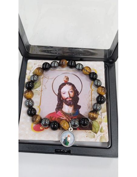 Brazalete Con Caja Metal Cristal Ojo De Tigre San Judas