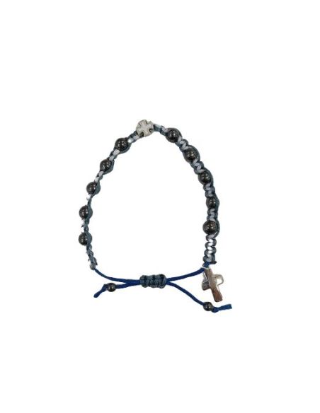 Brazalete Cuerda Hematites Blanco Azul Con Cruz