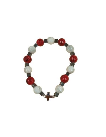 Brazalete Cristal Rojo Y Blanco 10Mm Cubos Hematites C/Cruz