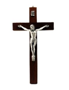 Cruz madera caoba cuerpo metal 20cm