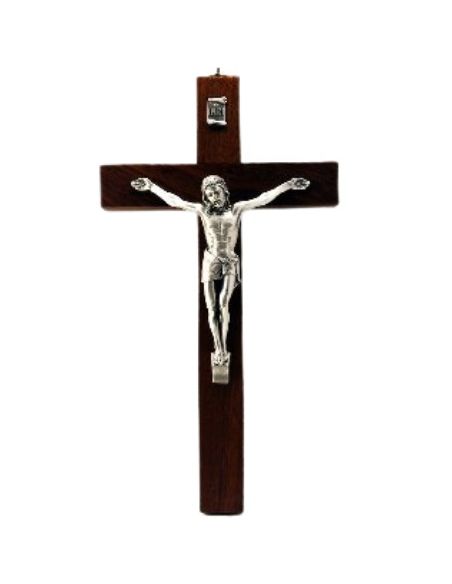 Cruz madera caoba cuerpo metal 20cm