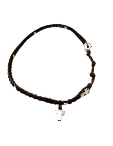 Brazalete madera cuero marron boton ave maria con cruz