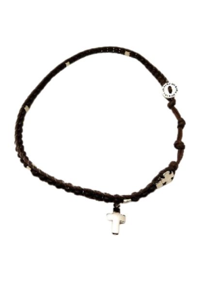 Brazalete madera cuero marron boton ave maria con cruz