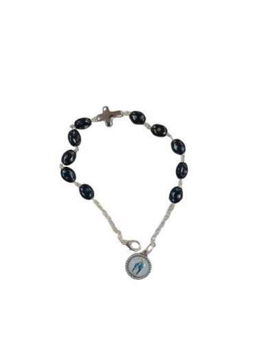 Pulsera Cristal 6X8 Negra Efec Semillas Medalla Milagrosa