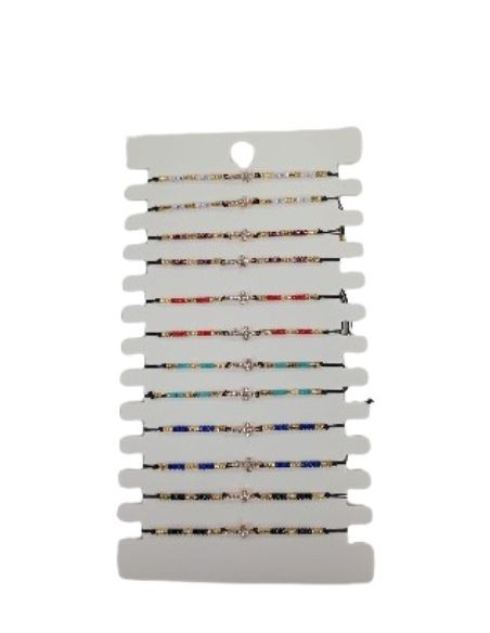 Pulsera cuerda cristales peq. surt. con cruz (paq.12)