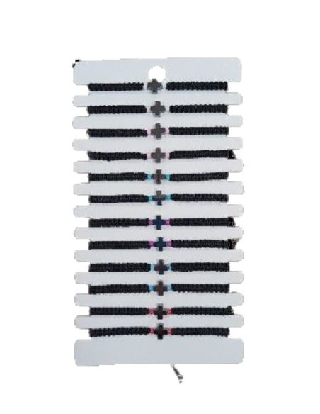 Pulsera cuerda negra colores surt. cruz hetatite (paq.12)
