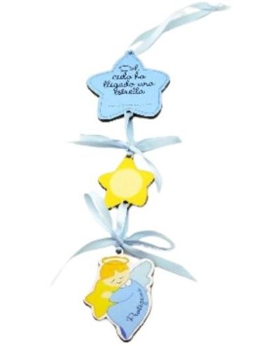 Colgador cuna madera  angel de la guarda azul