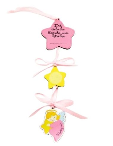 Colgador cuna madera  angel de la guarda rosa