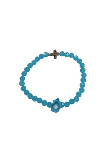 Brazalete Cristal Azul Celeste Cruz Metal C/Rosa