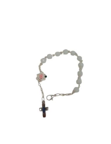 Pulsera C/ Mosq. Cristal Blanco Cruz Metal C/Rosa
