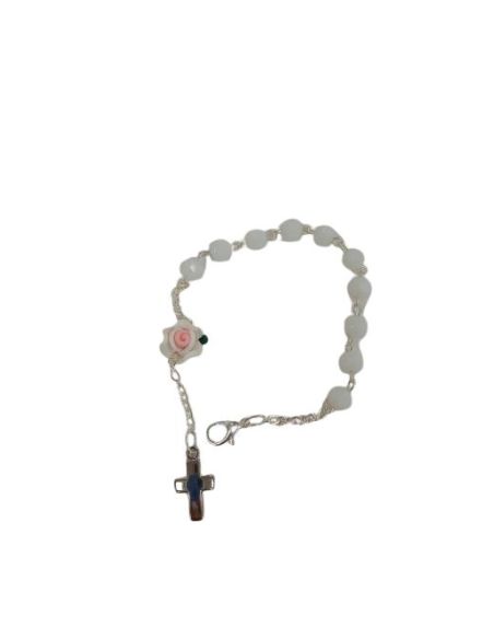 Pulsera C/ Mosq. Cristal Blanco Cruz Metal C/Rosa