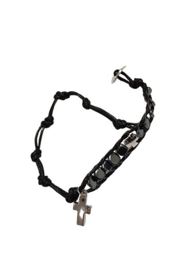 Pulsera Decena Ematites Cuerda Botton C/Cruz
